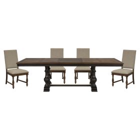 Traditional 5pc Dining Set Table with Extension Leaf and 4 Side Chairs Beige Fabric Upholstered Nailhead Trim Brown Classic Dining Room Furniture