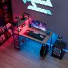 Computer Desk with LED Lights, Office Desk for Small Spaces, Gaming Desk with Reversible Storage Shelves, Rustic Brown